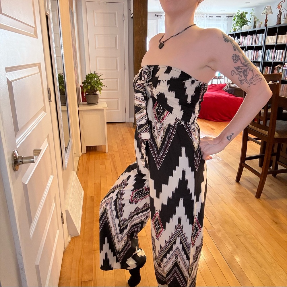 Strapless Printed Wide-Leg Jumpsuit - Black & Cream